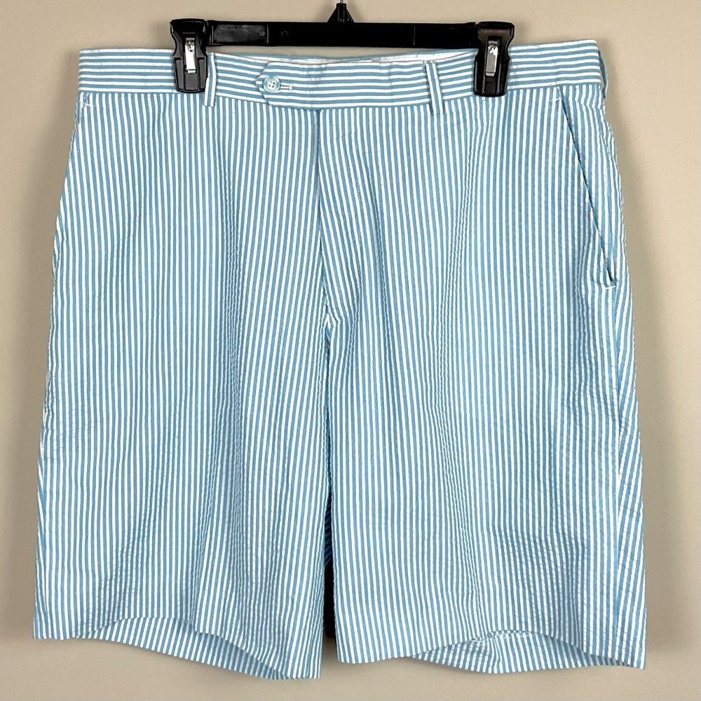 Seersucker Stripe Golf Shorts Turquoise Flat Front Sz 36 Afazzy Preppy Summer